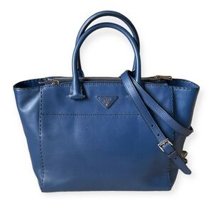 Prada Twin Pocket Stitched City Calf Leather Tote Bag, Blue